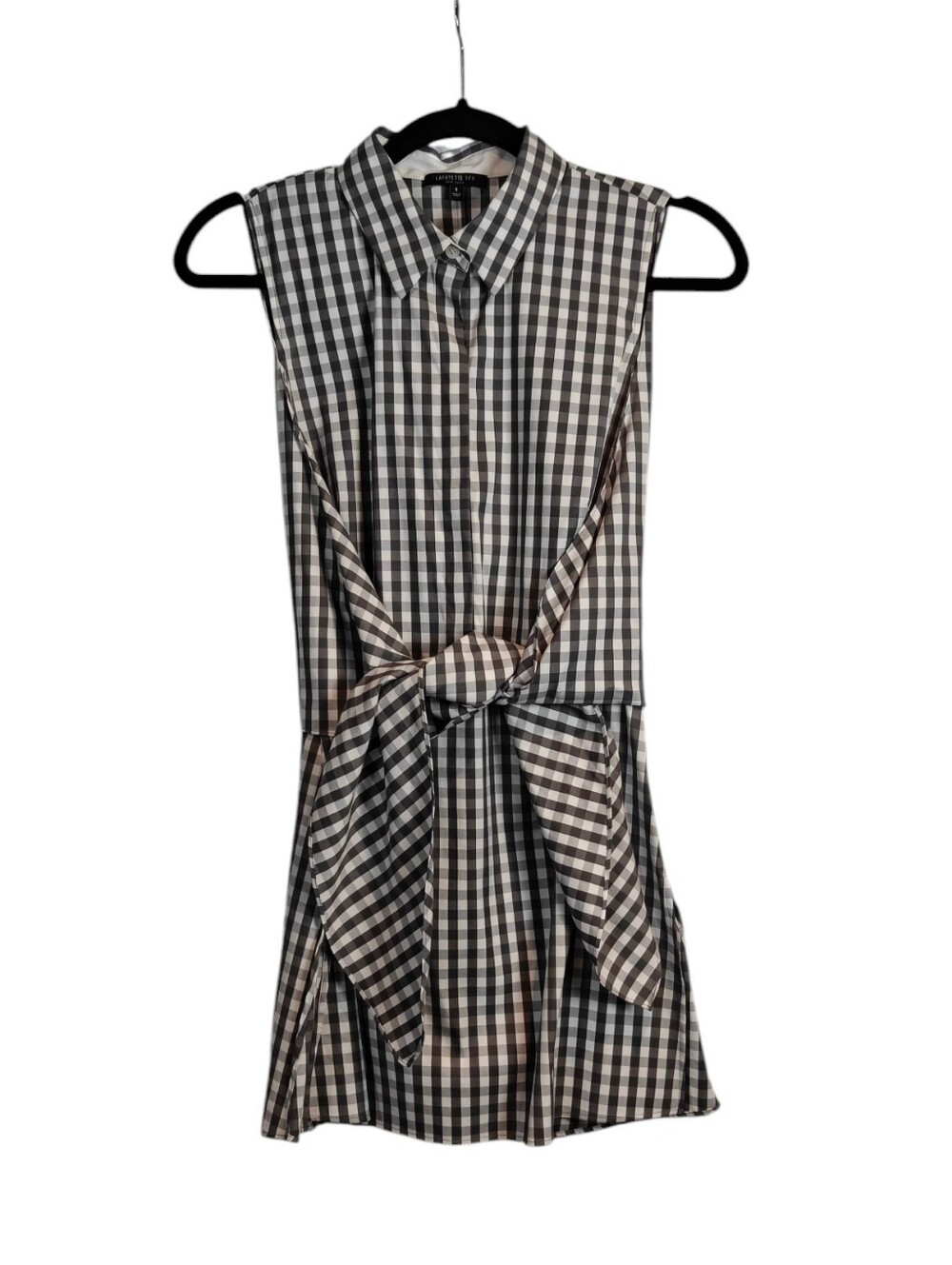 LAFAYETTE 148 Grey White Plaid Mariel Sleeveless Tie Waist Blouse Tunic Size S